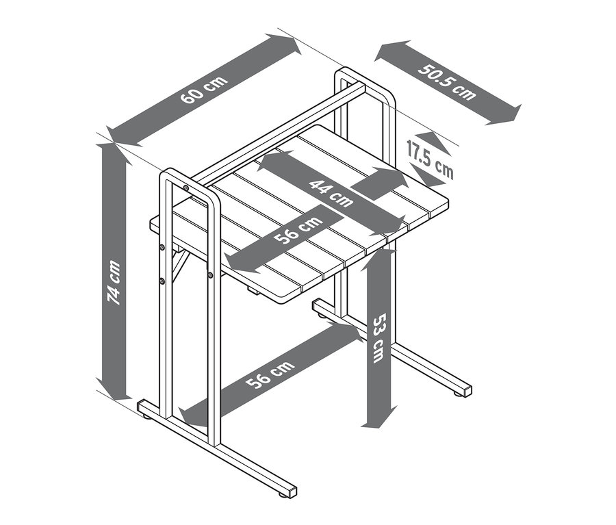 Rysunek stolika w kształcie litery C z dużym blatem i oznaczonymi wymiarami.