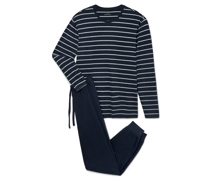 Złożona granatowa piżama w białe paski, składająca się z bluzki z długim rękawem i spodni.