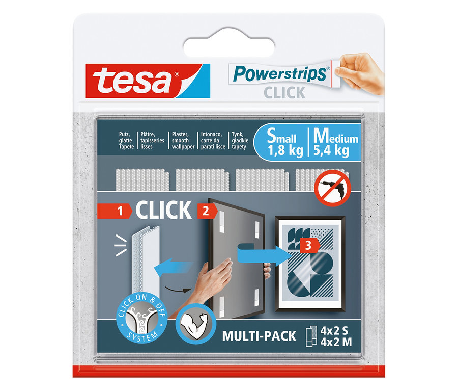 Opakowanie Tesa Powerstrips Click z ilustracjami użycia.
