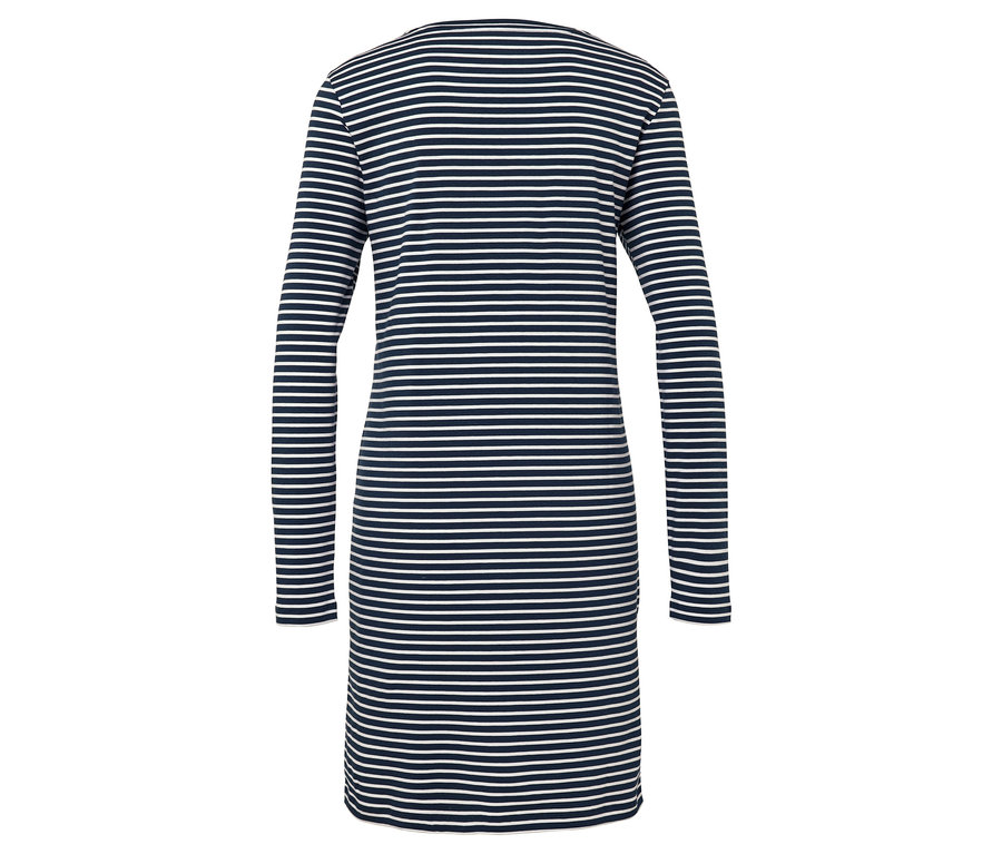 Widok z tyłu na sukienkę w paski z długim rękawem w kolorze granatowo-białym.
