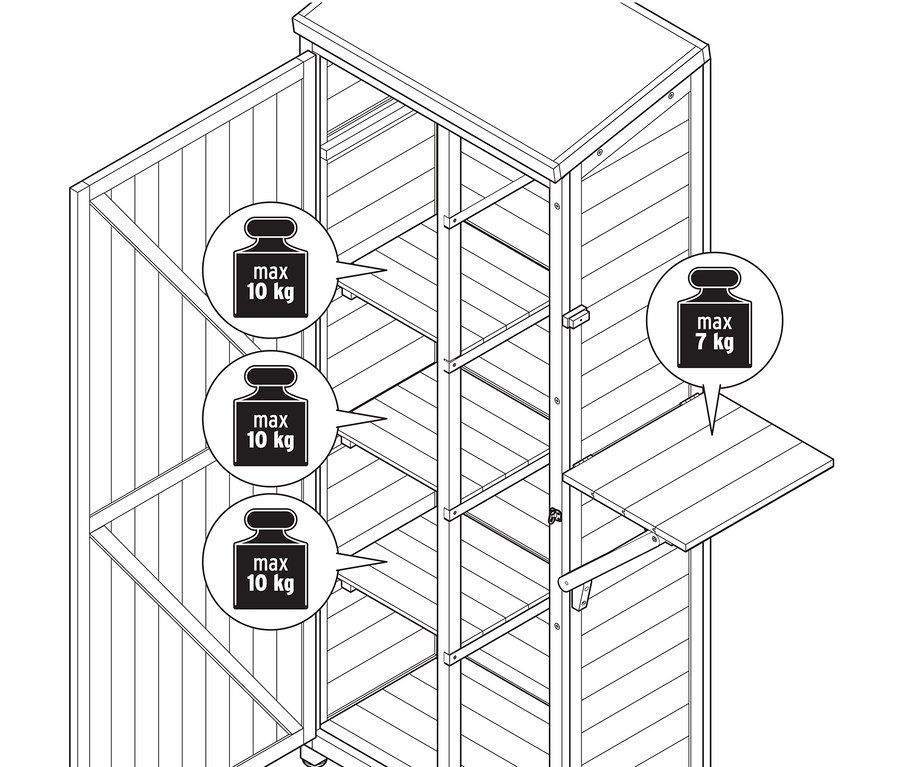 Szkic szafki z otwartymi drzwiami, wewnętrznymi półkami o udźwigu 10 kg i rozkładaną półką o udźwigu 7 kg.