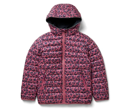 Różowa kurtka dziecięca 2 w 1 typu softshell i pikowana z granatowym zwierzęcym wzorem.