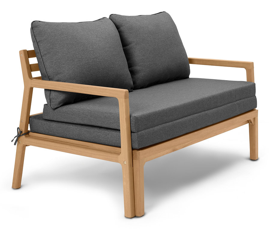 Rozsuwana sofa wypoczynkowa z szarą tapicerką i drewnianą ramą.