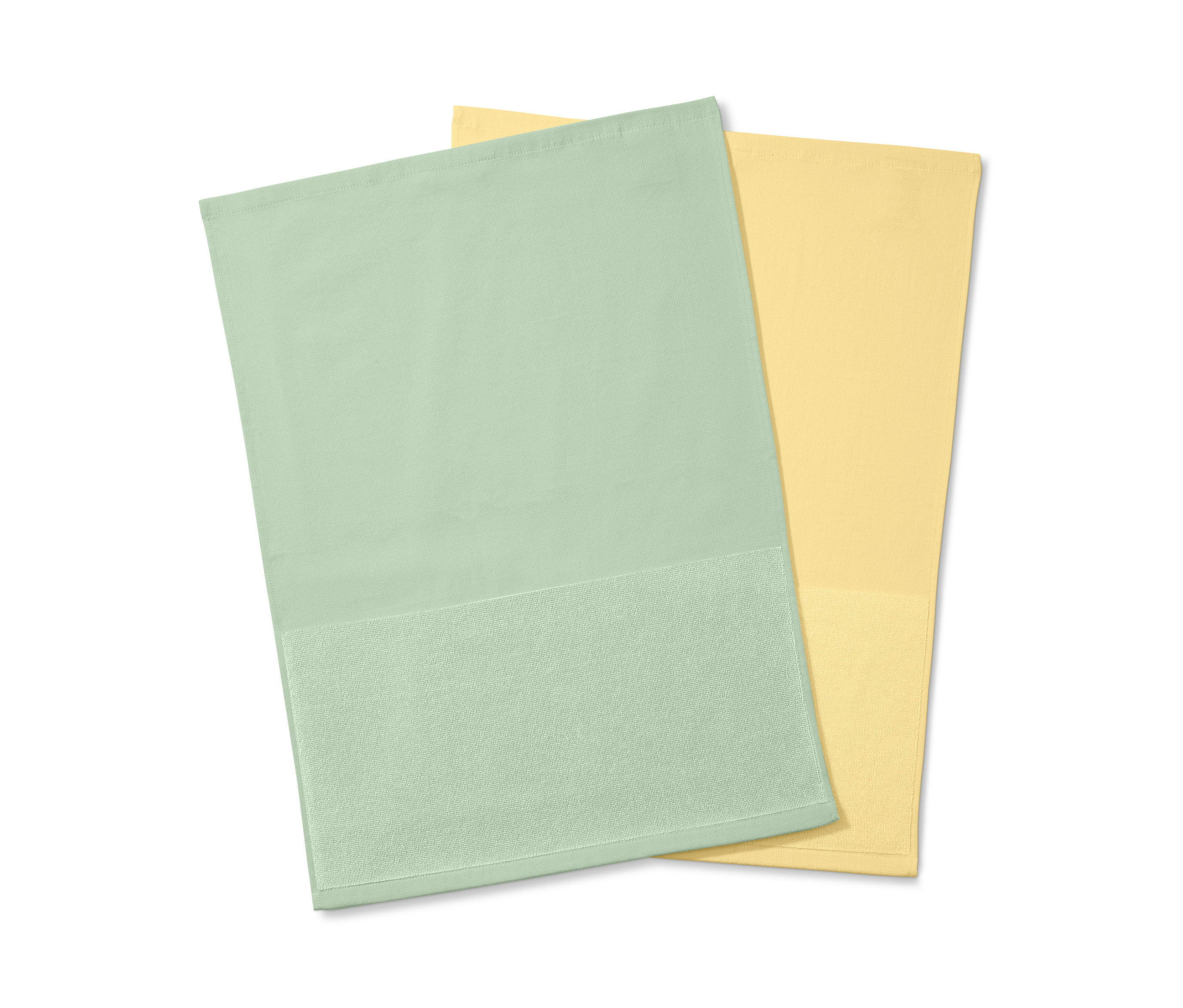 Dwa ręczniki kuchenne, zielony i żółty.