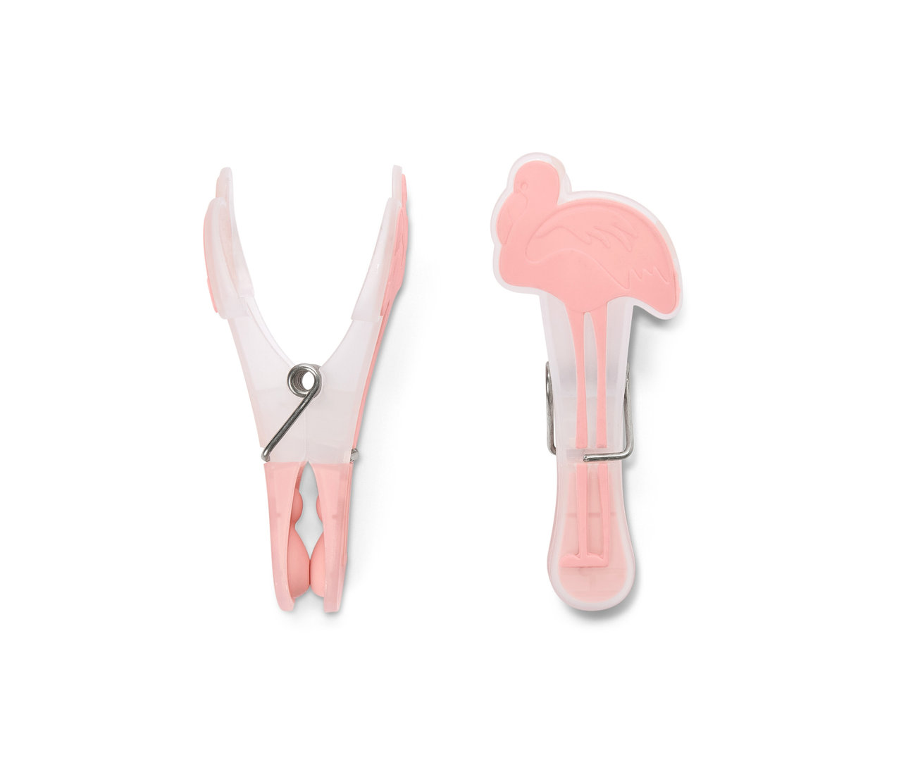 Dwa klipsy do bielizny: jeden otwarty, a drugi z dekoracją w kształcie flaminga.