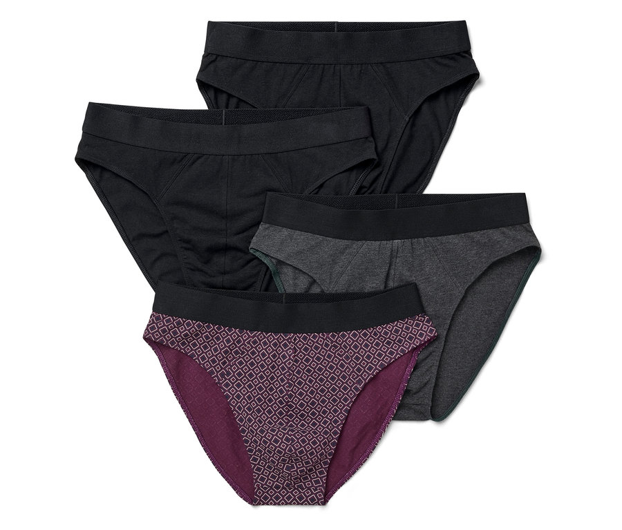 Cztery pary slipów: dwie czarne, jedna szara i jedna fioletowa we wzory.