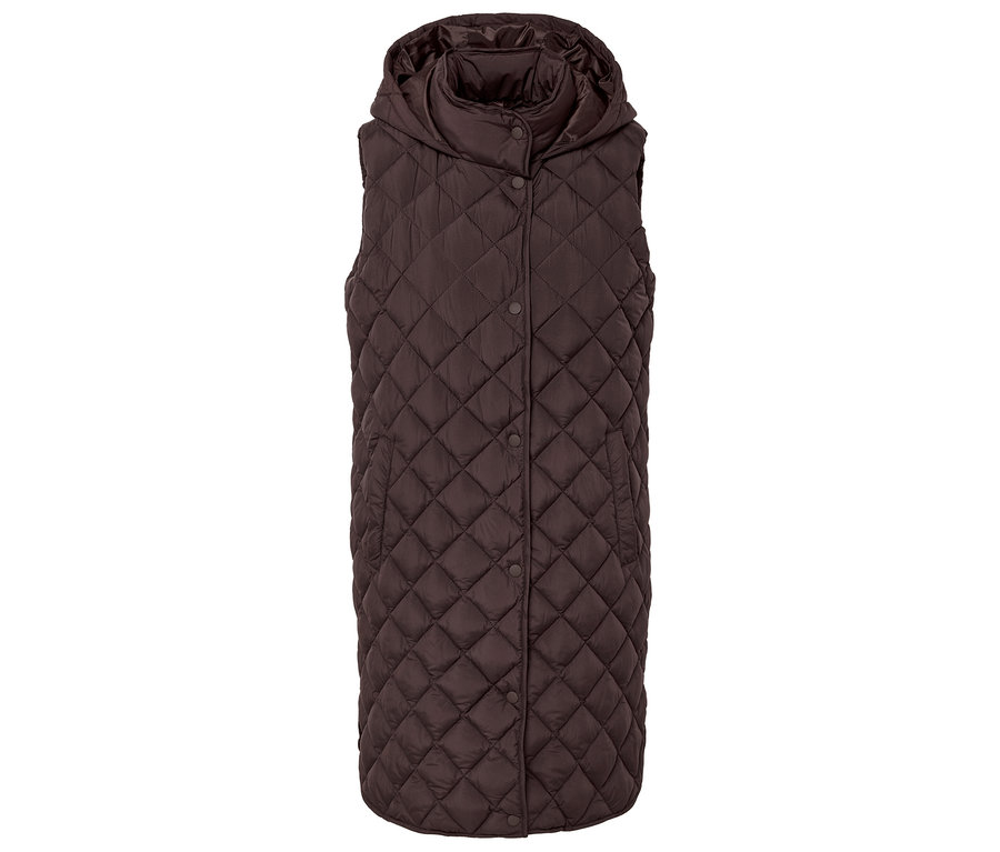 Brązowa, pikowana kamizelka z kapturem i zapięciem na guziki.