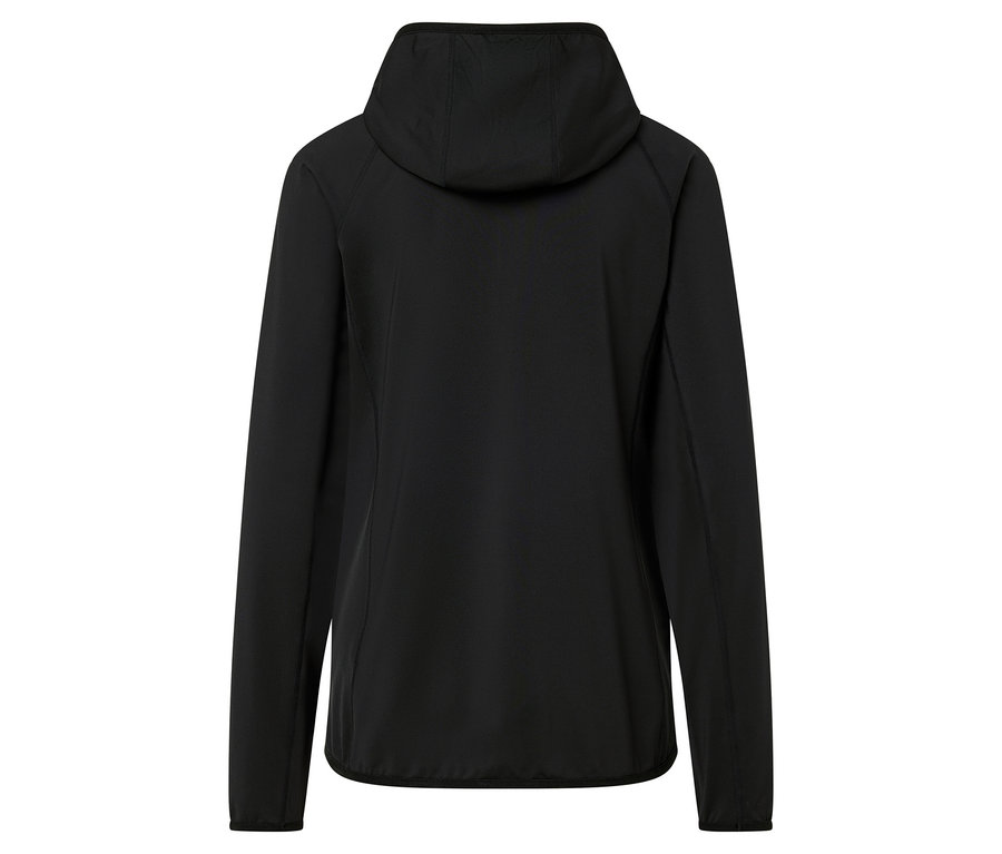 Czarna kurtka z kapturem z tyłu.