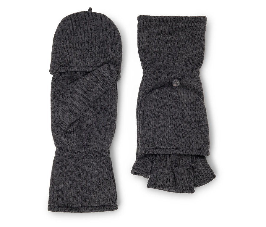 Dwie szare, dziergane rękawice bez palców z odchylaną górną częścią.
