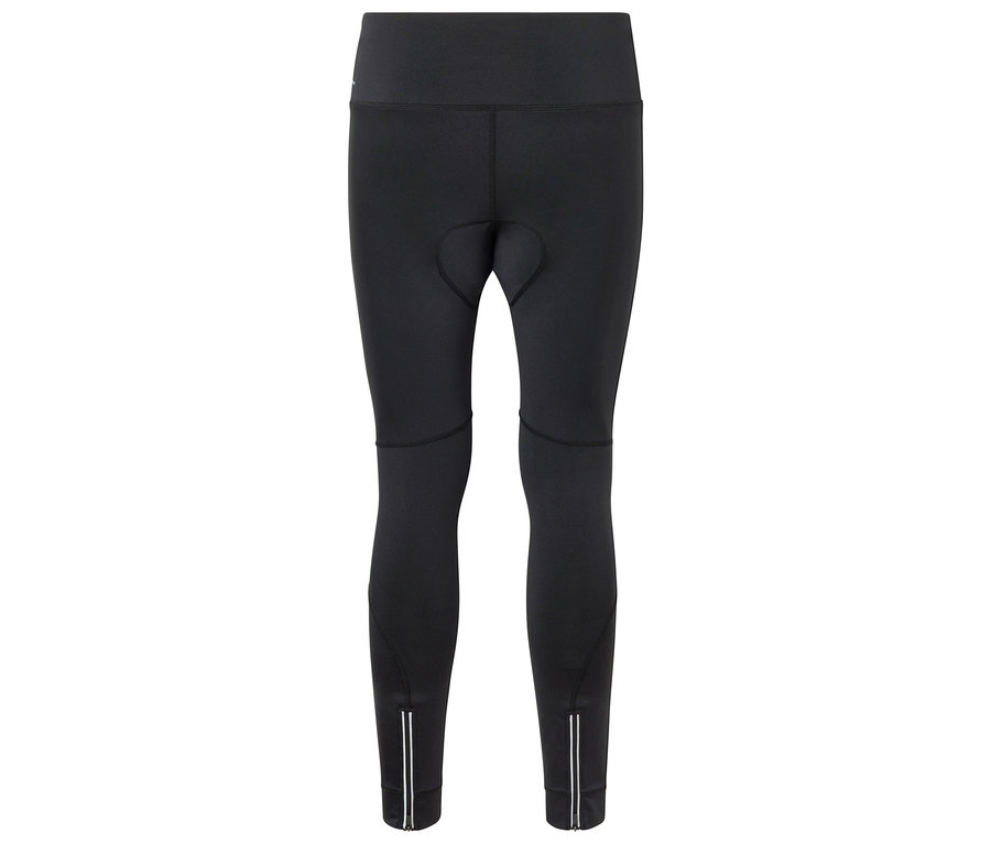 Czarne spodnie rowerowe z wysokim stanem i zamkami błyskawicznymi przy kostkach.