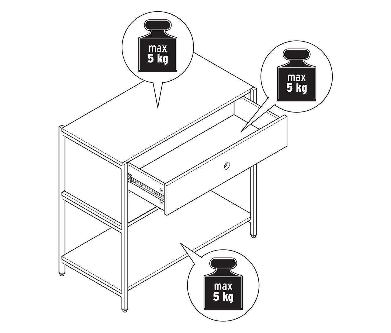 Rysunek komody KLAAR z dwiema szufladami, z których jedna jest otwarta.
