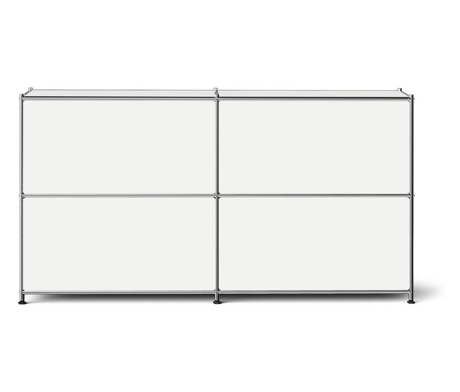 Cztery białe kwadratowe moduły z metalową ramą.