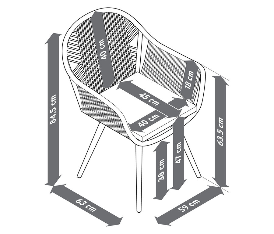Schemat obrotowego fotela do jadalni z plecionką tekstylną i wymiarami.