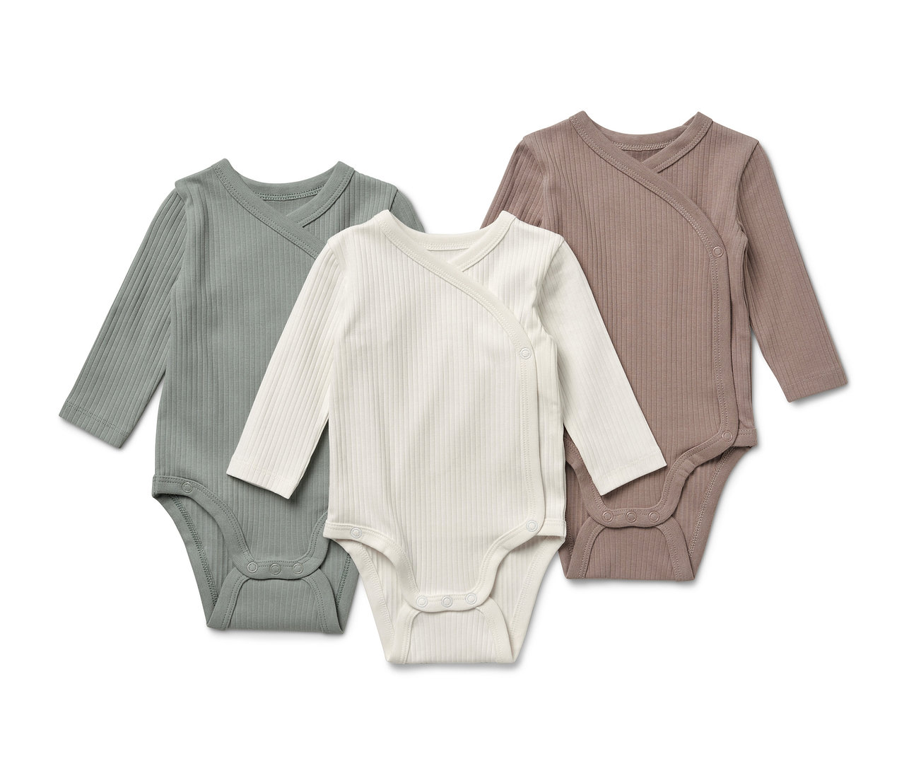 Trzy body z długim rękawem w kolorach zielonym, białym i brązowym.