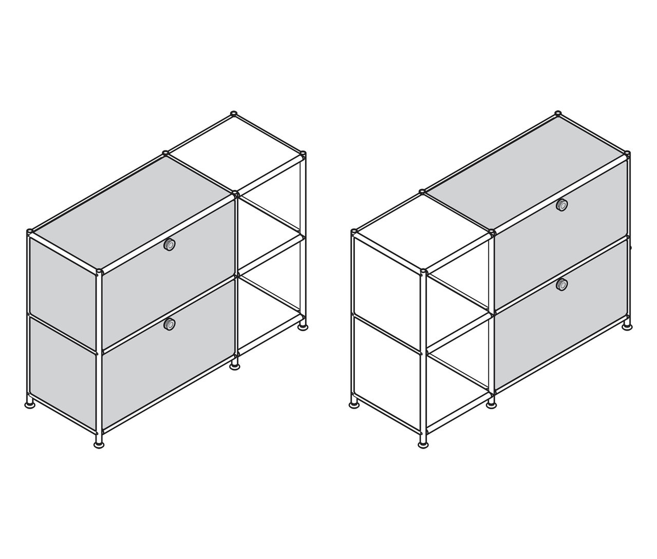 Dwie metalowe szafki typu sideboard „CN3” z 2 klapami, jedna szara i jedna biała.