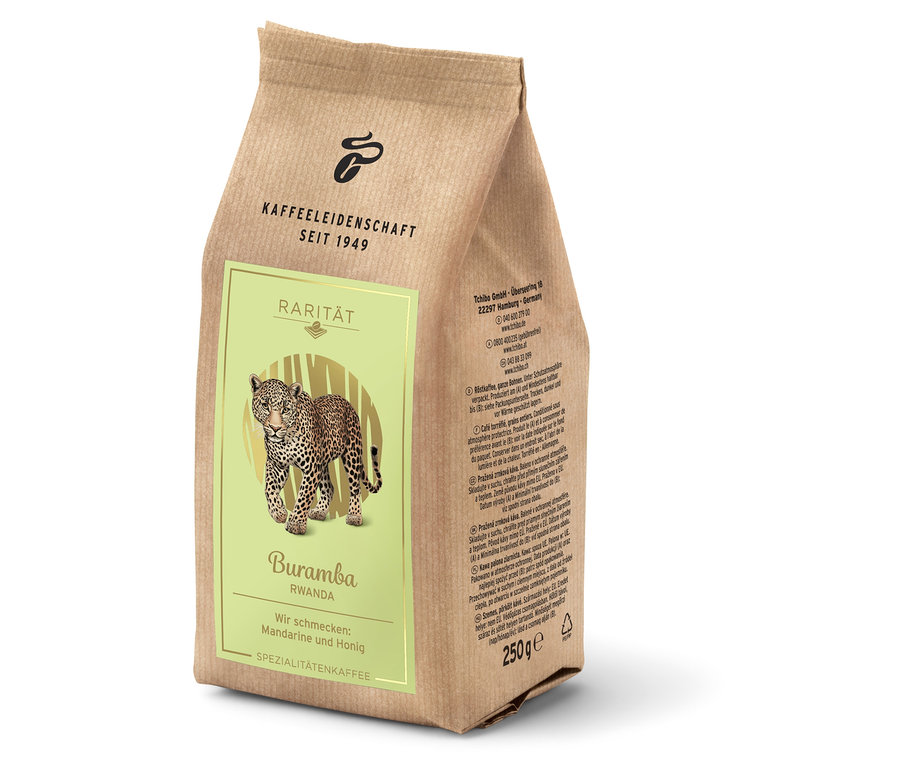 Opakowanie kawy Tchibo Rarität Buramba Rwanda Spezialitätenkaffee z ilustracją leoparda.