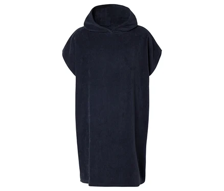 Granatowy, krótki ręcznik z kapturem na białym tle.