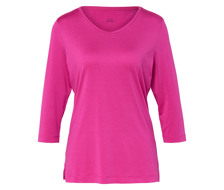 Różowa koszulka z długim rękawem i dekoltem w serek leży na płaskiej powierzchni.