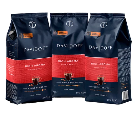 Trzy opakowania kawy Davidoff Rich Aroma, ziarna, 1000g.