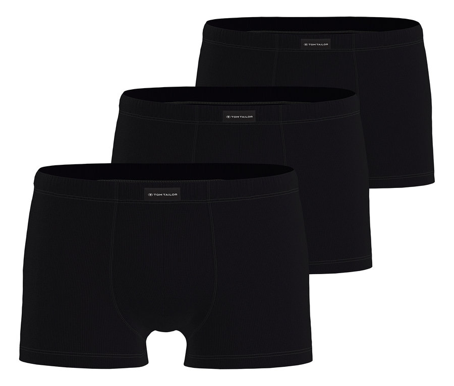 Trzy czarne bokserki Tom Tailor ułożone jedna na drugiej.