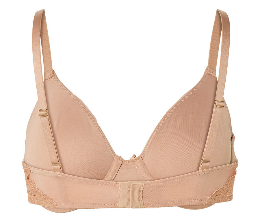 Zbliżenie na tył beżowego biustonosza z regulowanymi ramiączkami i koronkowymi detalami.