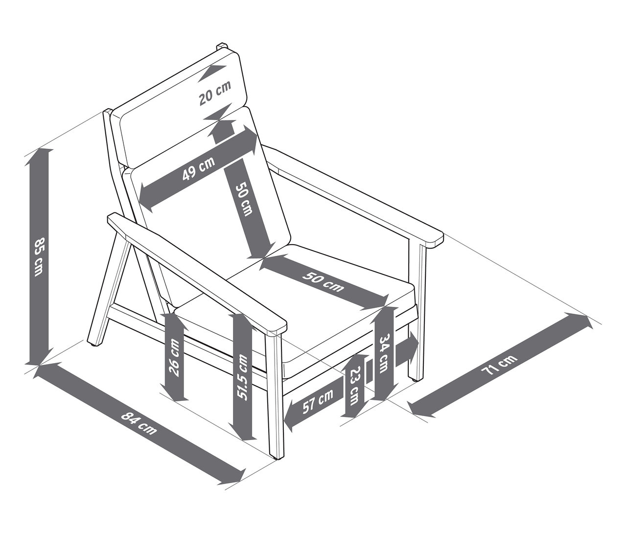 Ilustracja komfortowego fotela ogrodowego z wysokim oparciem i podnóżkiem wraz z wymiarami.