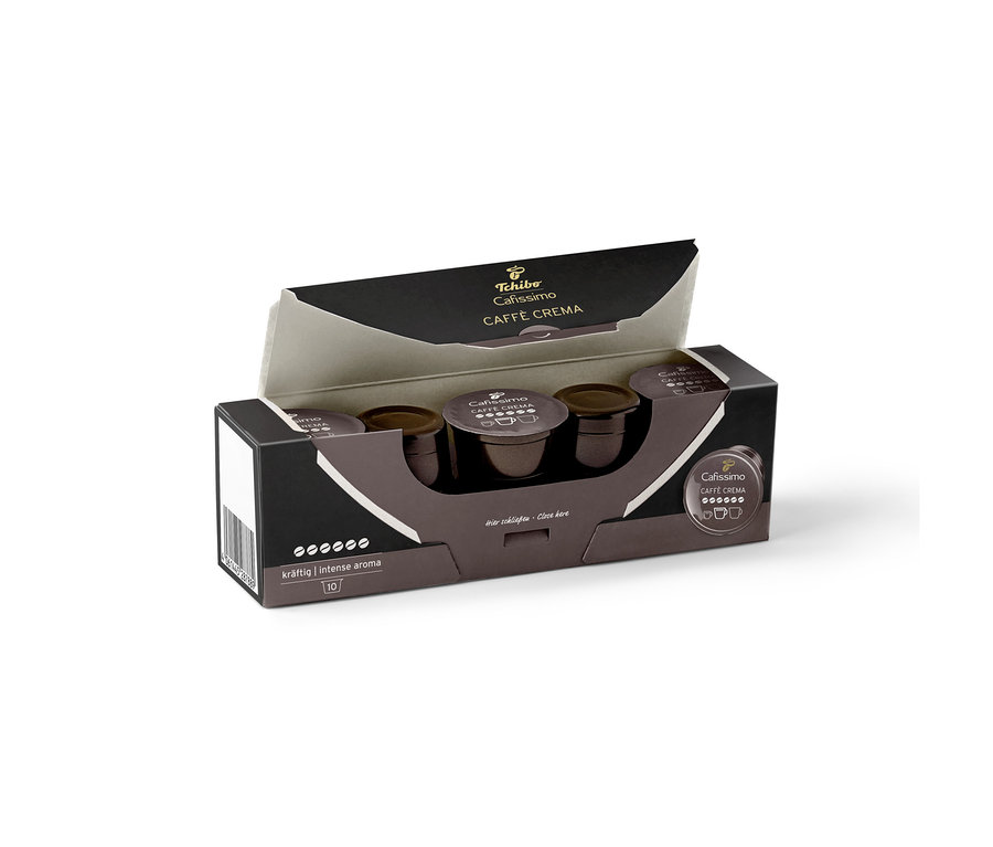Otwarte opakowanie Tchibo Cafissimo Caffe Crema Intense Aroma 10 szt. z trzema ciemnobrązowymi kapsułkami.