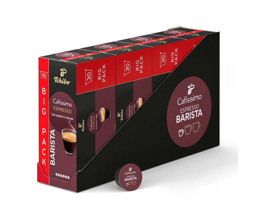 Pudełko kapsułek Cafissimo Espresso Barista w czarnym uchwycie, z pojedynczą kapsułką przed nim.
