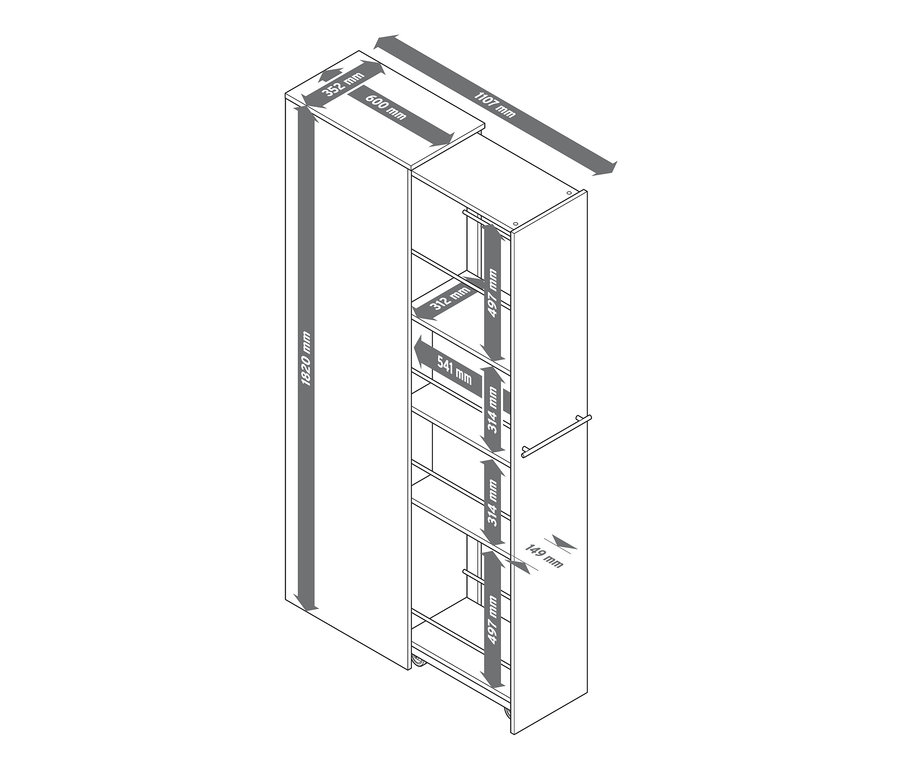 Ilustracja szafy wysuwanej z wymiarami.
