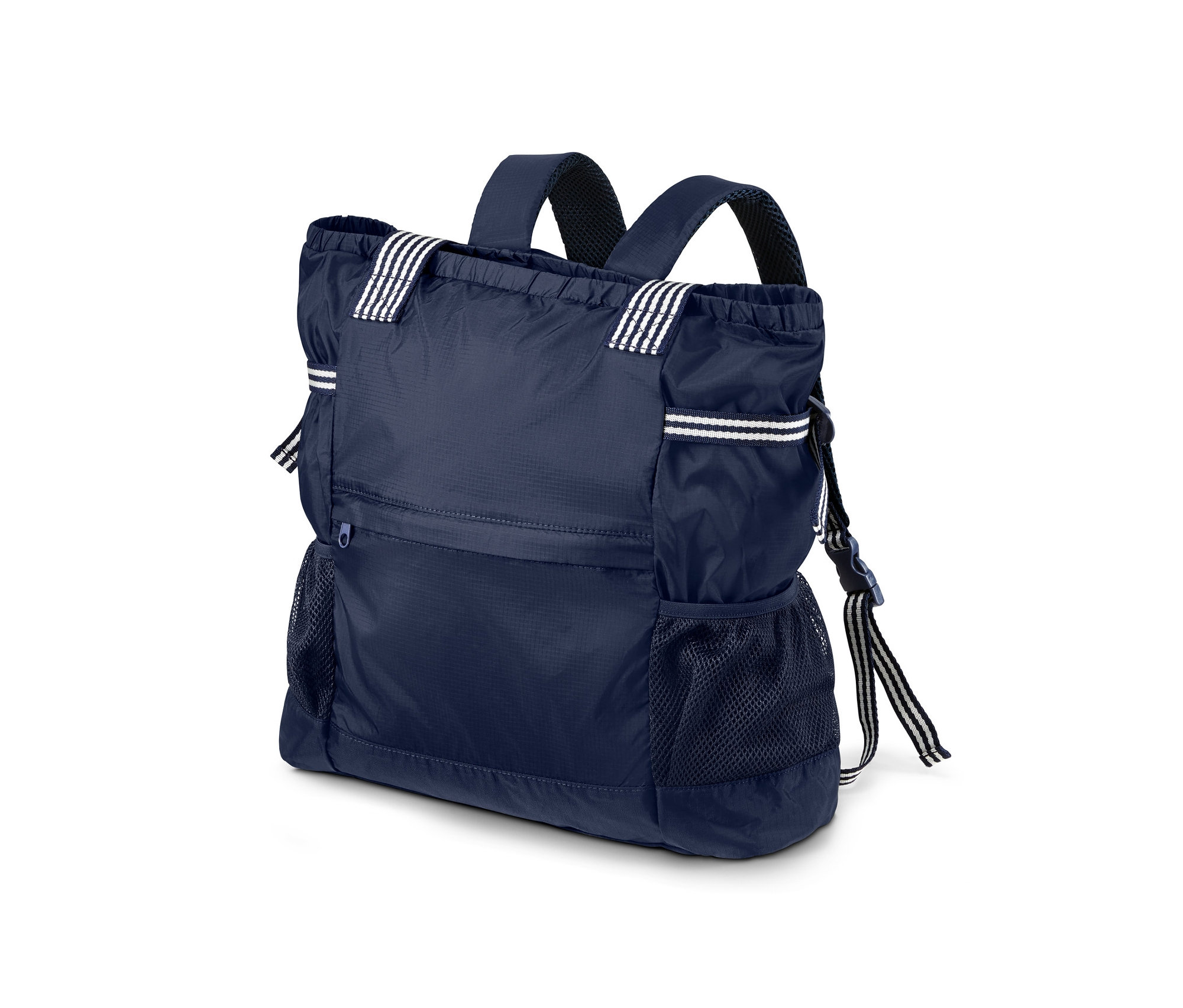 Granatowy zwijany plecak z możliwością noszenia jako torba na ramię, 2 w 1, z białymi paskami.
