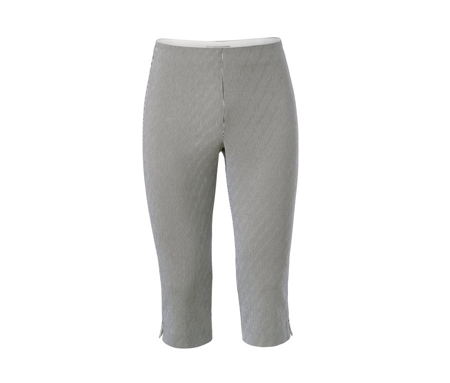 Damskie spodnie ze streczu o długości 3/4, w czarno-białe paski.