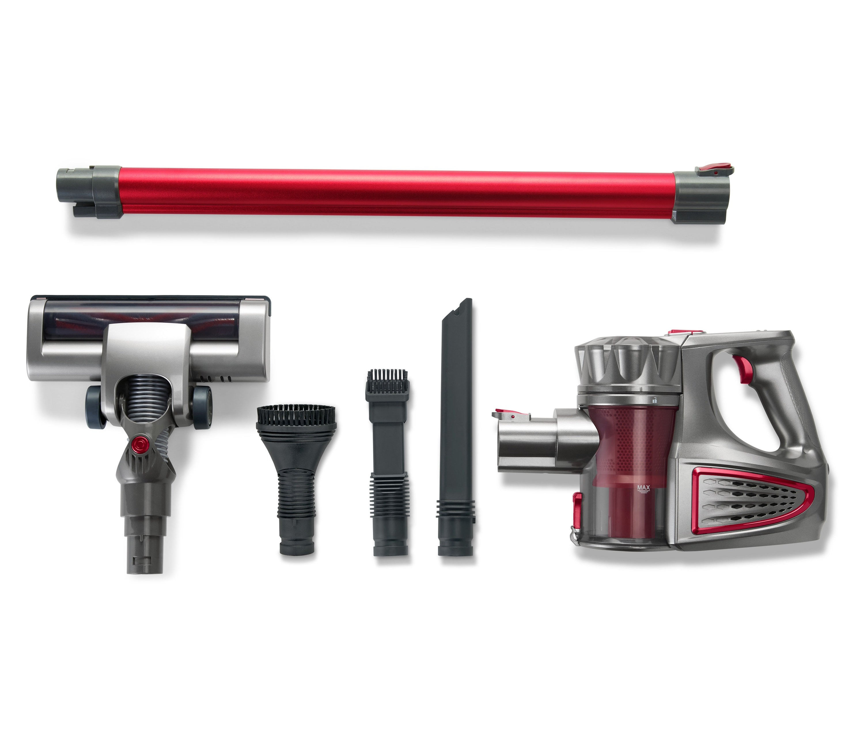 Różne nasadki odkurzacza akumulatorowego ułożone na białym tle.