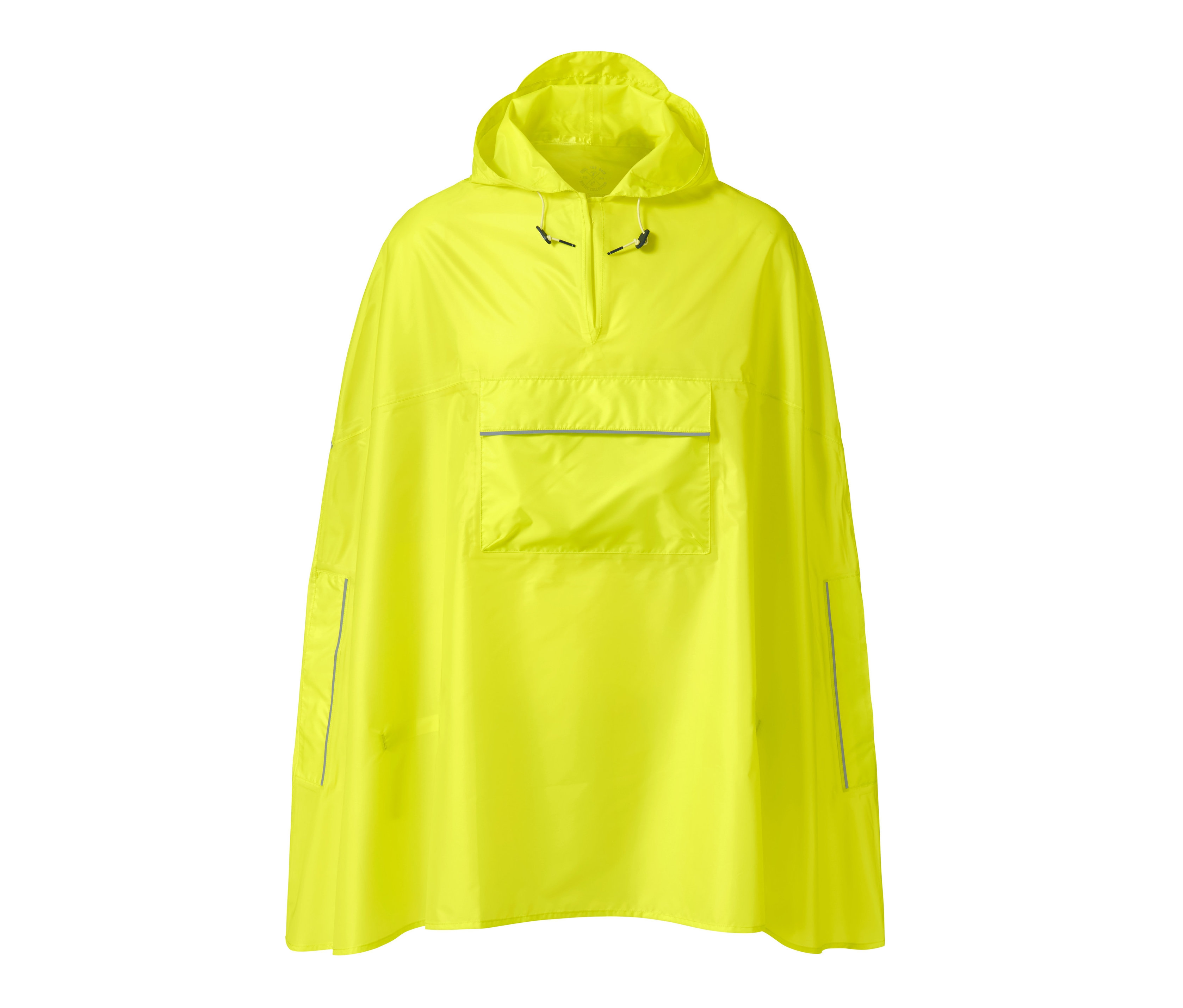 Żółte ponczo przeciwdeszczowe z kapturem i kieszenią z przodu.