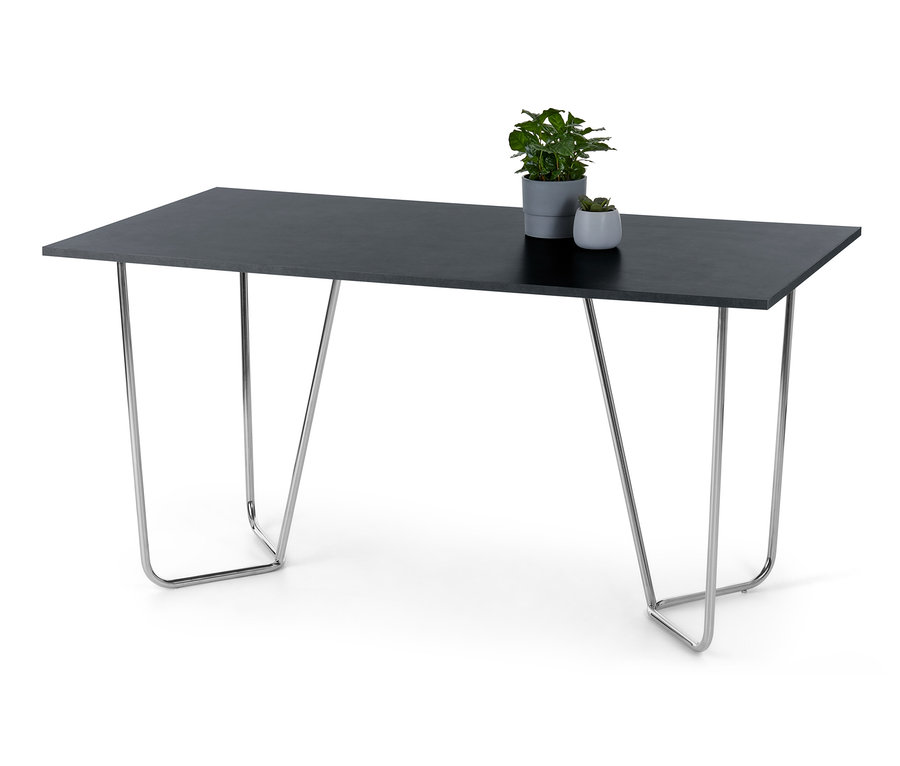Designerski stół stylizowany na kamienny, z metalowym stelażem i dwoma doniczkami na nim.