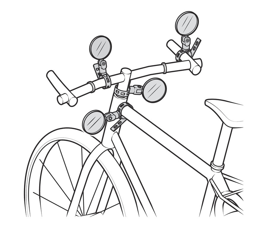 Rysunek roweru z pięcioma małymi lusterkami rowerowymi na kierownicy.