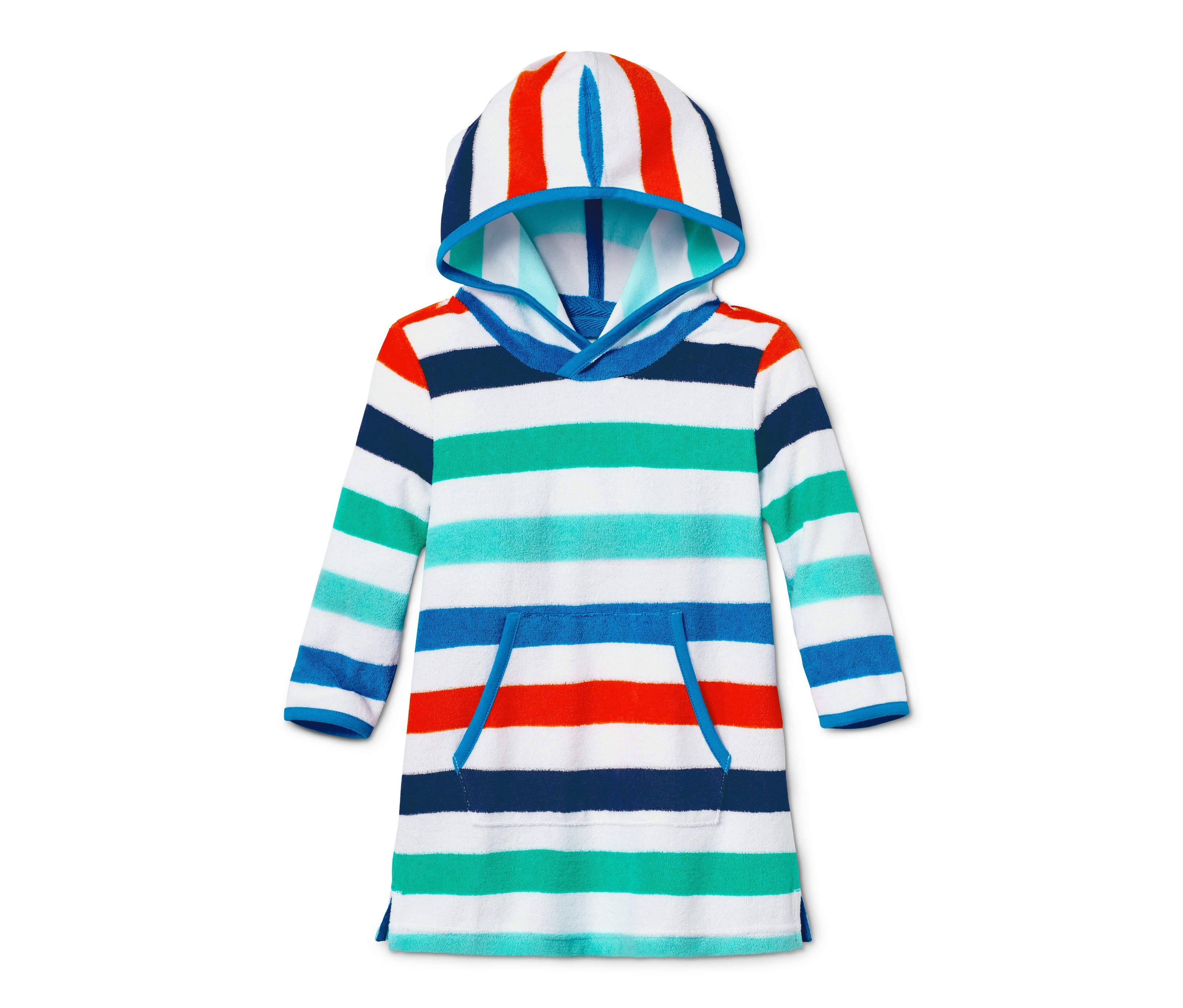 Pasiasta bluza z kapturem z tkaniny frotte z niebieskimi akcentami.