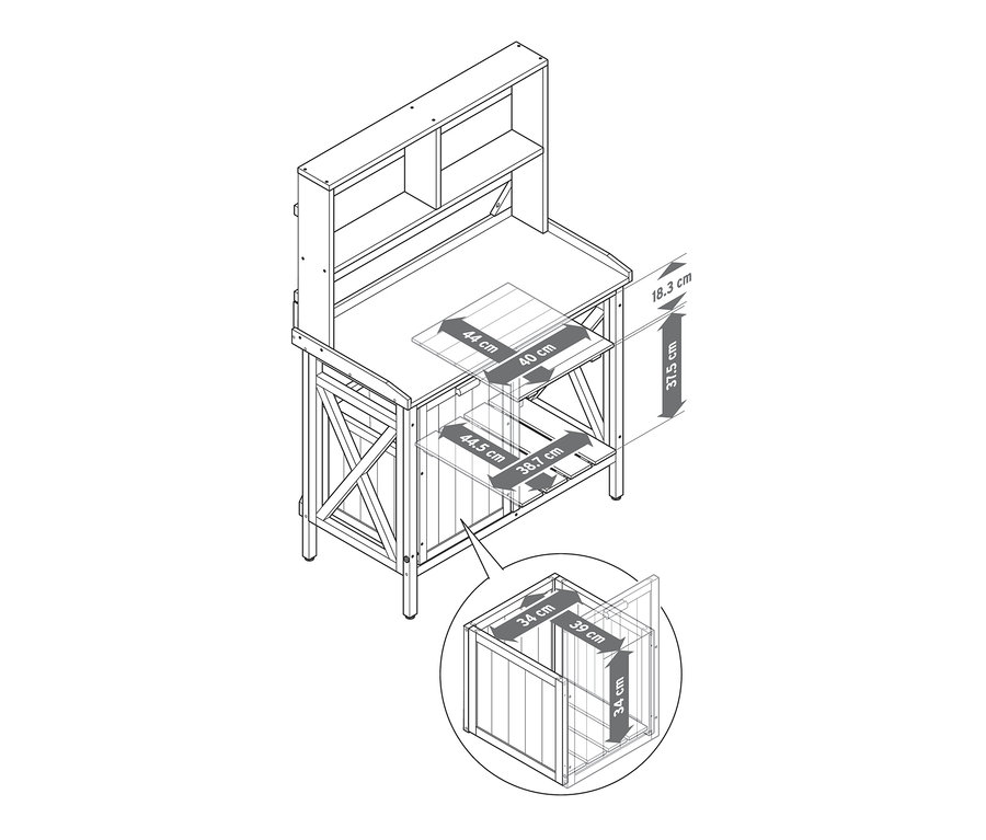 Schematyczny rysunek stołu roboczego »Jonte« z koszem na śmieci i półką z zaznaczonymi wymiarami.