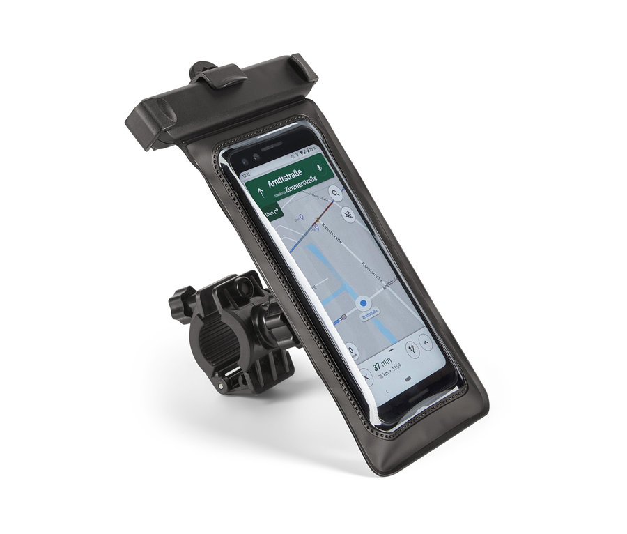 Czarny uchwyt rowerowy na smartfon z telefonem w środku, na białym tle.
