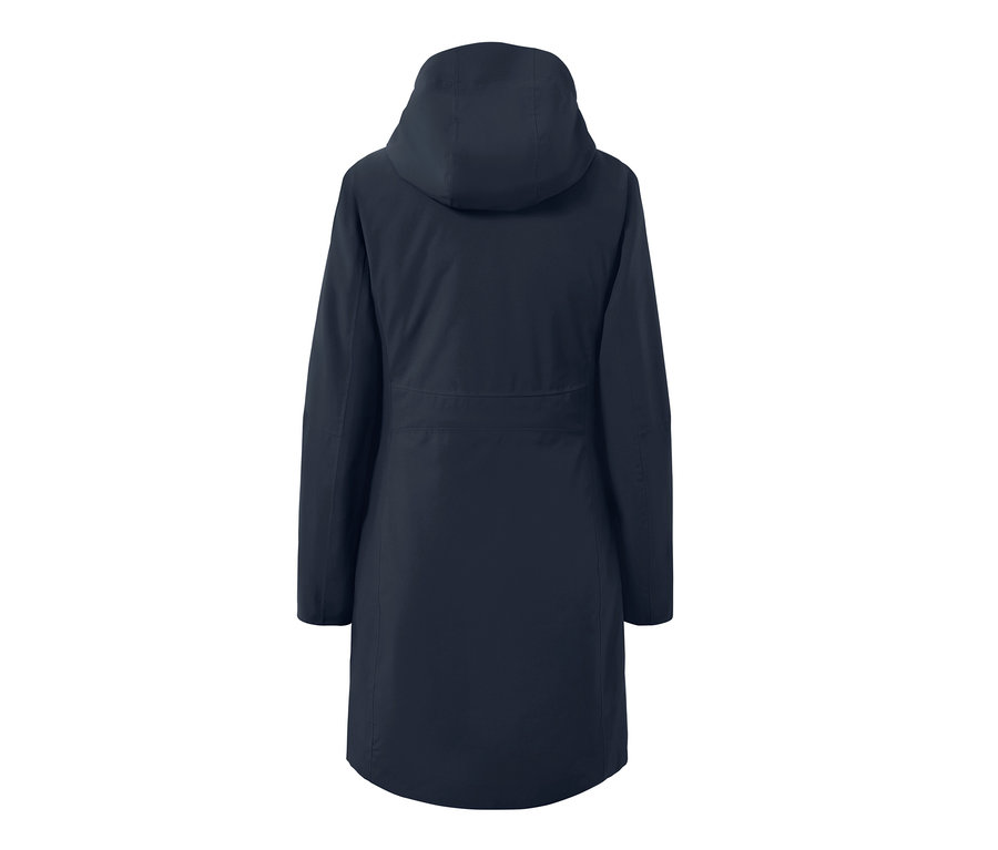 Niebieski płaszcz outdoorowy z kamizelką 3 w 1 widziany z tyłu.