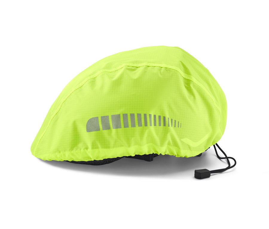 Kask rowerowy z neonowożółtym pokrowcem.