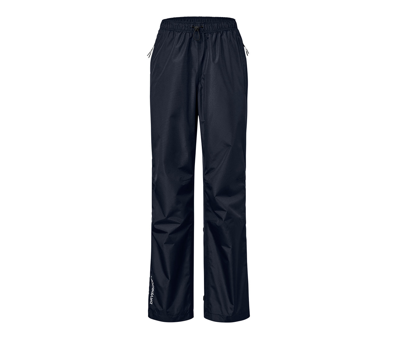 Granatowe techniczne spodnie przeciwdeszczowe, uniseks.