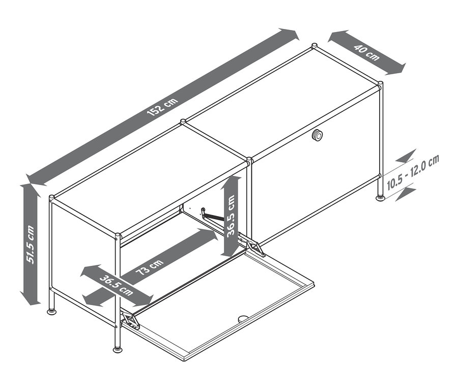 Metalowa niska szafka „CN3” z 2 klapami, jedna otwarta, z wymiarami.
