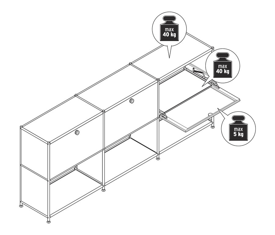 Szkic metalowej szafki typu sideboard »CN3« z 3 przesuwnymi przegródkami z klapami. Maksymalna nośność górnej i środkowej półki wynosi 40 kg, a dolnej półki 5 kg.