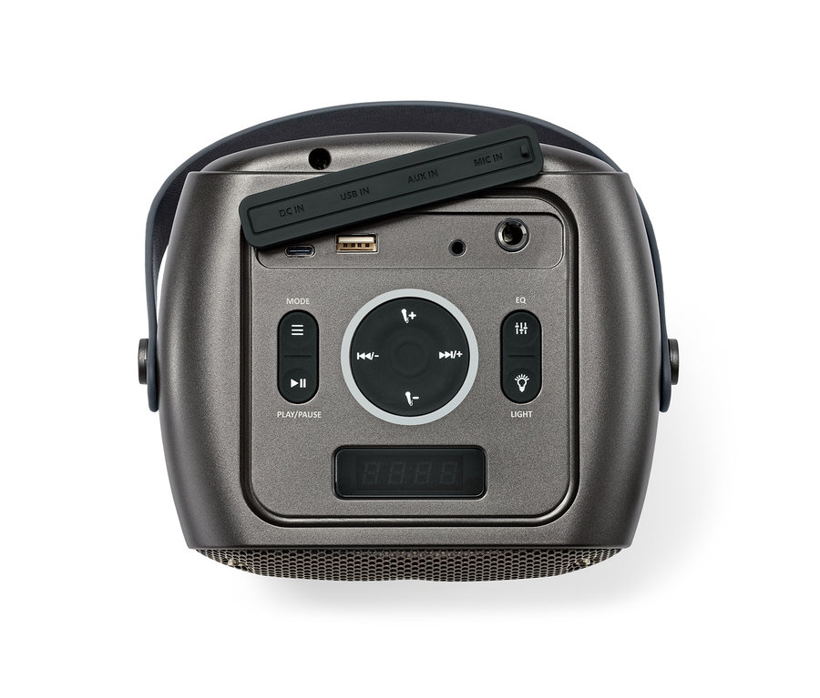 Szary głośnik Bluetooth® z efektami świetlnymi w zbliżeniu, z naciskiem na panel sterowania.