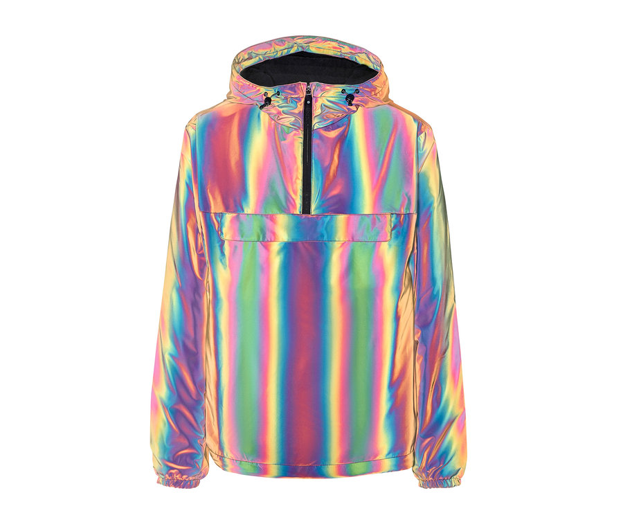 Kurtka wiatrówka Rainbow Reflective z kapturem i krótkim zamkiem błyskawicznym.
