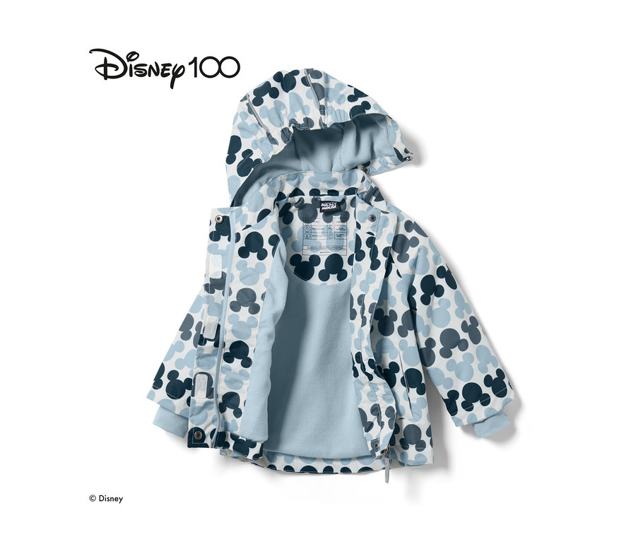 Rozpięta, niebieska, dziecięca kurtka przeciwdeszczowa »Micky« z motywem Myszki Mickey.