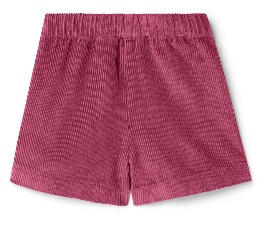 Bordowe sztruksowe szorty z elastyczną talią leżą na białym tle.