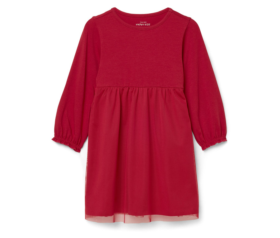 Czerwona sukienka dziewczęca z długimi rękawami i tiulową halką.