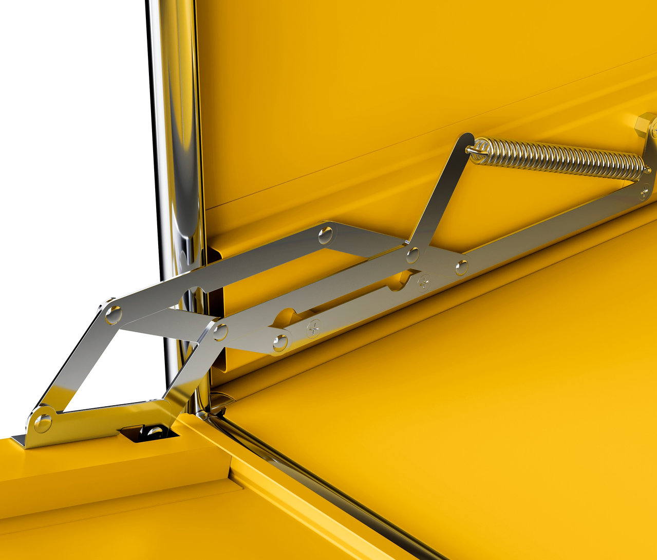 Szczegół otwartej, żółtej metalowej szafki typu sideboard „CN3” z 1 klapą.