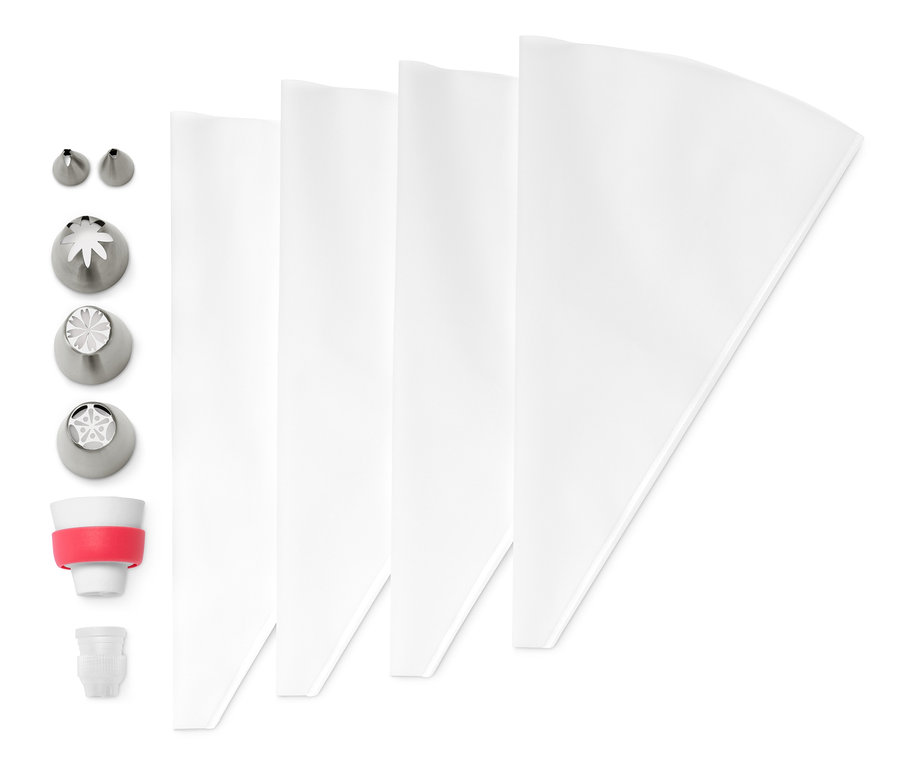 Zestaw do dekorowania ciast z wieloma końcówkami zawiera końcówki do dekorowania i worki.